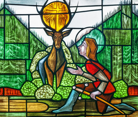 Stained glass window depicting a knight
