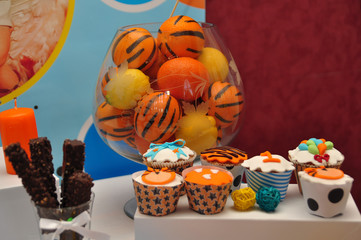 Fruit cakes and chocolate waffles