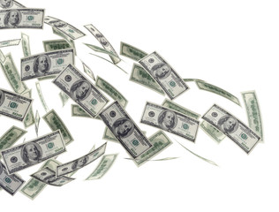 Flying 100 dollar banknotes isolated on white