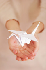 Obraz na płótnie Canvas Closeup of female hands with paper crane