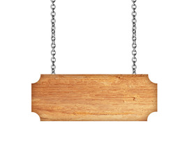 Wooden sign hanging on a chain isolated on white