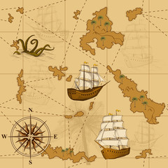 seamless old map with a compass and ships