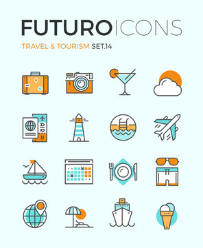 Travel and tourism futuro line icons