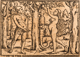 Adam and Eve beneath an apple tree. Ancient illustration - obrazy, fototapety, plakaty