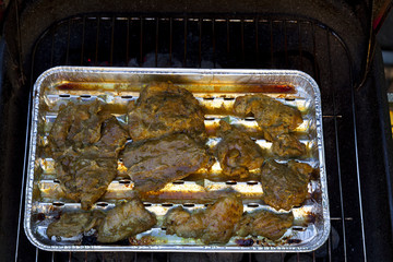 Grilled pork on a tray in the garden
