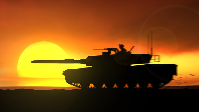 Abrams tanks is moving rapidly against the setting sun in the sea.