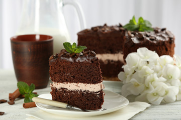Delicious chocolate cake on table on light background