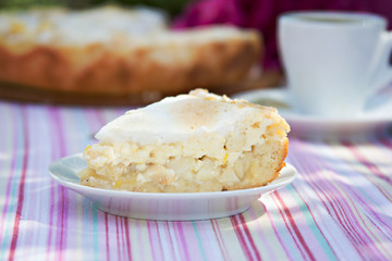 piece of pie on a white plate, pie and a cup of coffe