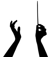 Music conductor hands with stick isolated on white