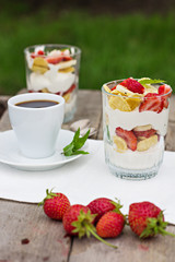 breakfast -coffe and cheese, strawberry, banana, cornflakes 