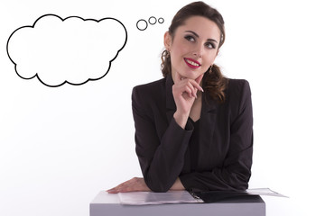 Happy businesswoman looking up.Space for text