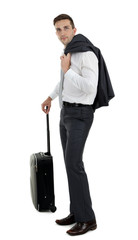 Man holding suitcase isolated on white