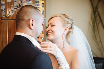 Happy young bride and groom on their wedding day. Wedding couple
