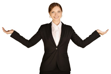 Business woman is holding her hands to the sides. white