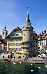 Historic buildings on Reuss river shore. Lucerne. Switzerland.