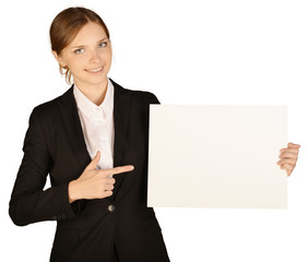 Business woman pointing at whiteboard.