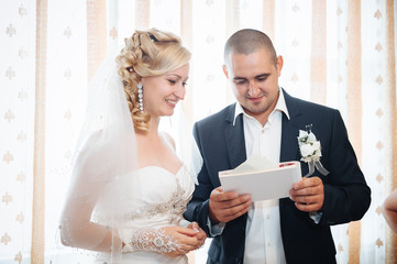 Happy young bride and groom on their wedding day. Wedding couple