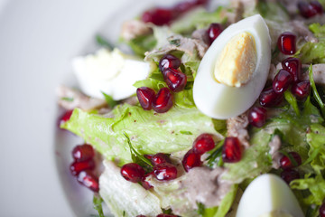 beautiful pomegranate salad with beef and eggs, food