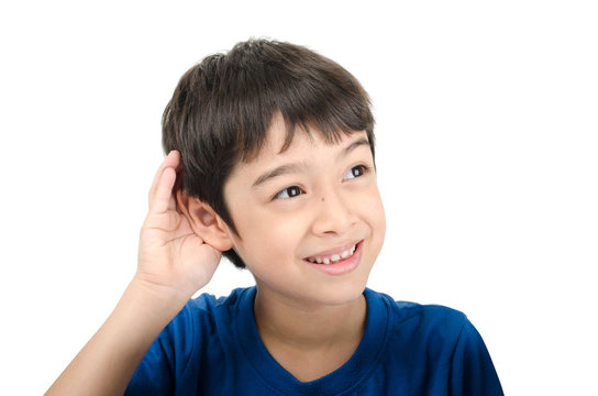 Little Boy Lissening By Hand Up To The Ear On White Background