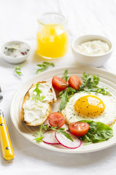 eggs with cherry tomatoes, radishes, arugula and cheese sandwich
