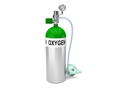 oxygen tank with face mask and pressure gauge isolated on white