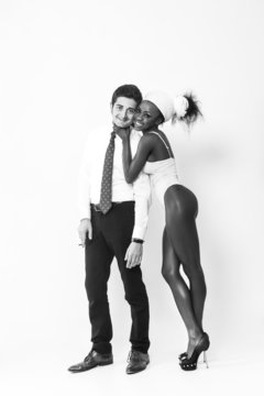 Happy businessman and african woman couple black and white