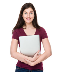 Caucasian woman hold with laptop computer