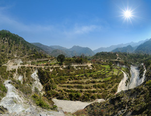 Fototapeta na wymiar Terrace fields in the Himalayas, Gauchar village