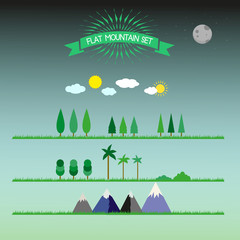 Set of mountain tree cloud sun icons, infographic, flat design
