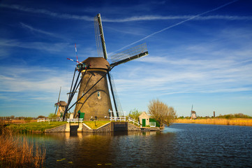 Naklejka premium Windmills at riverside on a sunny day, Netherlands