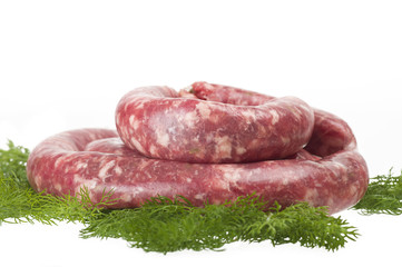 fresh raw meat sausages on white background