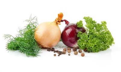 Onion,red onion,dill,parsley,pepper isolated on white