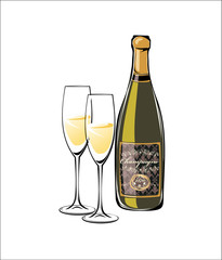 Vector illustration of champagne and two glasses.