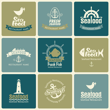 set of logos on the theme of seafood in retro style