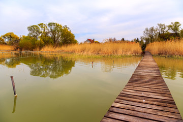 Wooden pier in tranquil lake Balaton