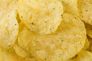 Prepared potato chips snack closeup view