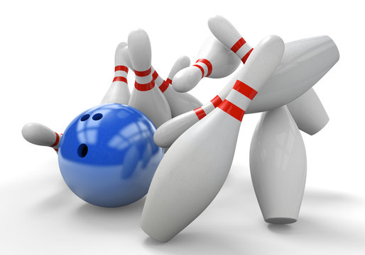 Blue 3D bowling ball smashing into pins for a strike