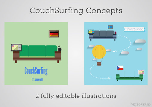 Set of Couch surfing concept. Travel infographic. Share your