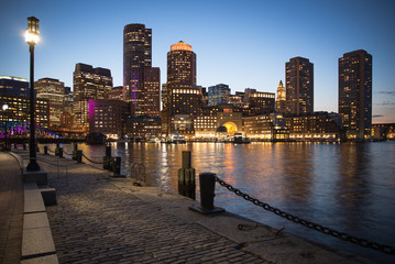 View at downtown Boston in Massachusetts across the bay at night