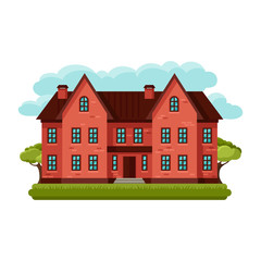 Fototapeta premium Illustration of old brick cottage on clouds background