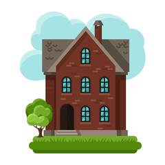 Obraz na płótnie Canvas Illustration of old brick cottage on clouds background