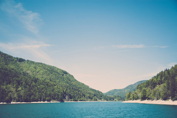 Türkiser See und grüner Wald unter blauem Himmel