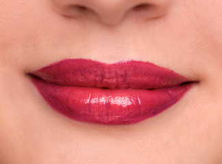 Closeup portrait of young woman's lips zone make up