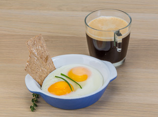 Breakfast with eggs and coffee