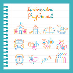 Fototapeta na wymiar Kindergarten, Line Drawing Toys and Playground Set