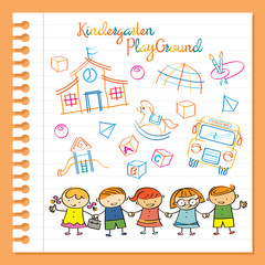 Obraz na płótnie Canvas Kindergarten, Kids Characters and Playground Set