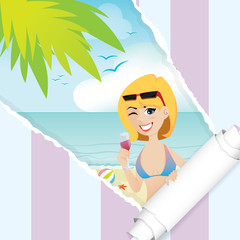 cartoon sexy girl on the beach background with ripped paper