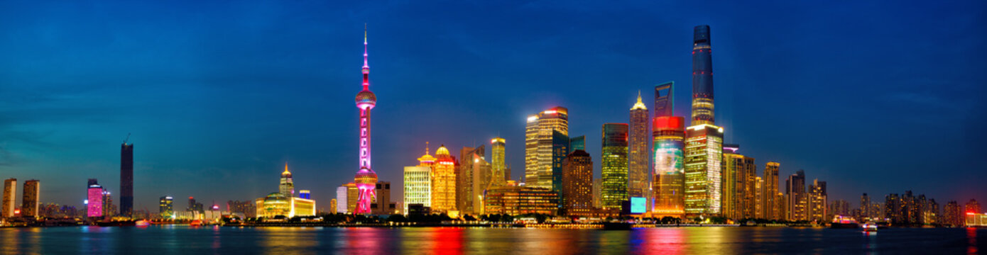 Shanghai Skyline Panorama At Dusk, China