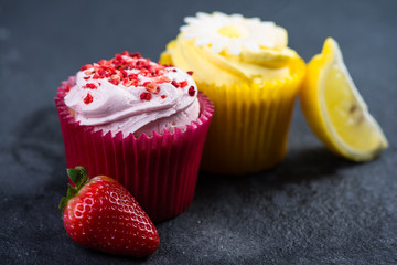 Strawberry and lemon cupcakes with fresh fruit