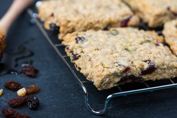 Healthy diet  muesli and oat cookies with fruits and honey